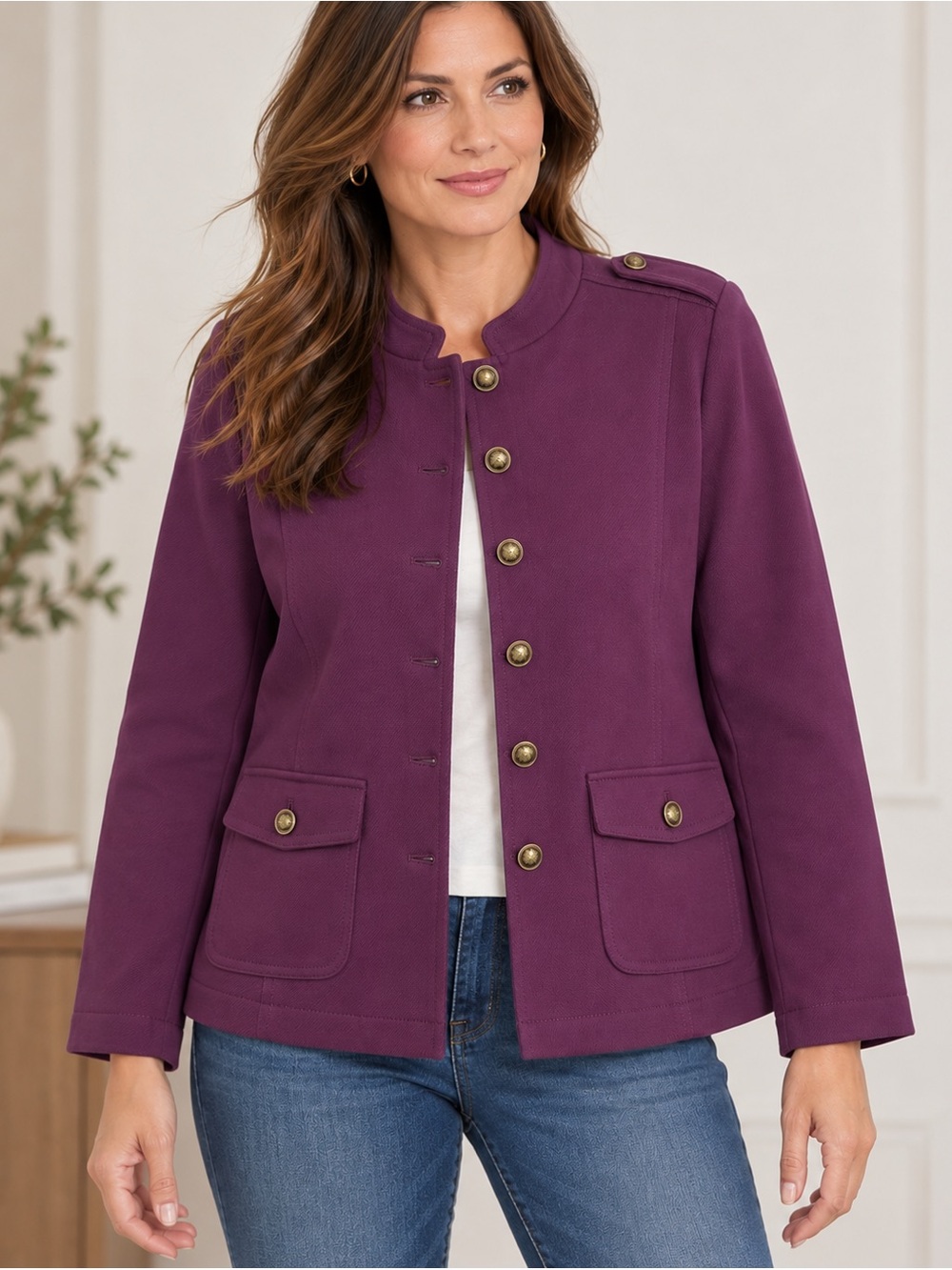 Talbots Petite 12P Plum Purple Utility Jacket Brass Buttons Cotton Blend NWT